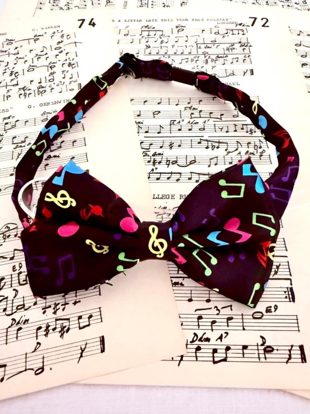 Music Notes Bow Tie Adjustable Black with Rainbow Notes Concert Attire